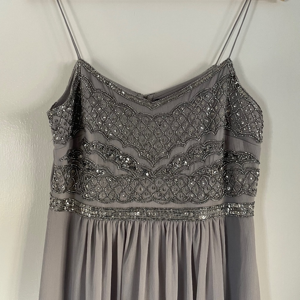 Adrianna Papell grey and silver spaghetti strap sequin floor length gown size 8